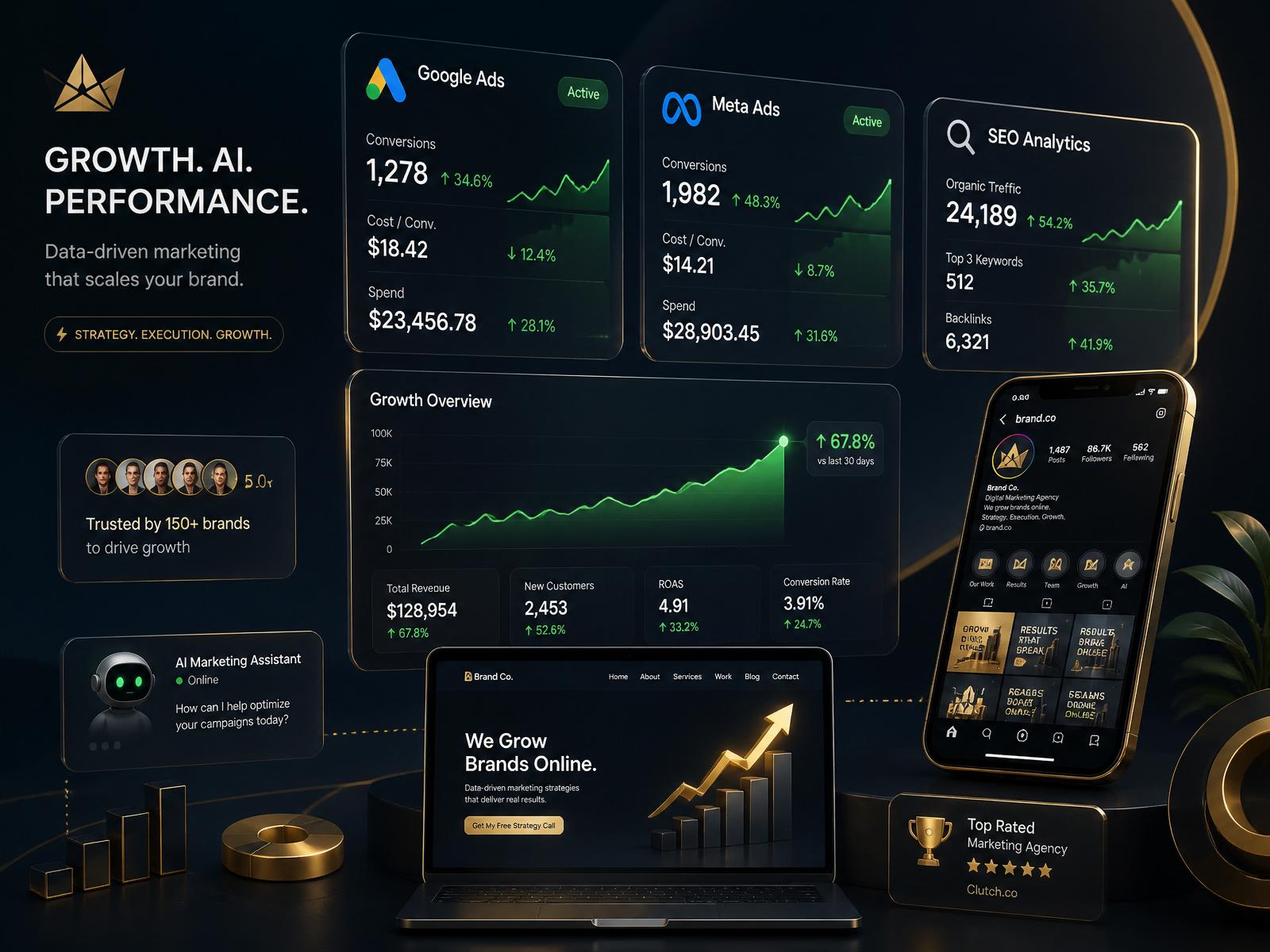 Marketing dashboards showing Google Ads, Meta Ads and SEO analytics